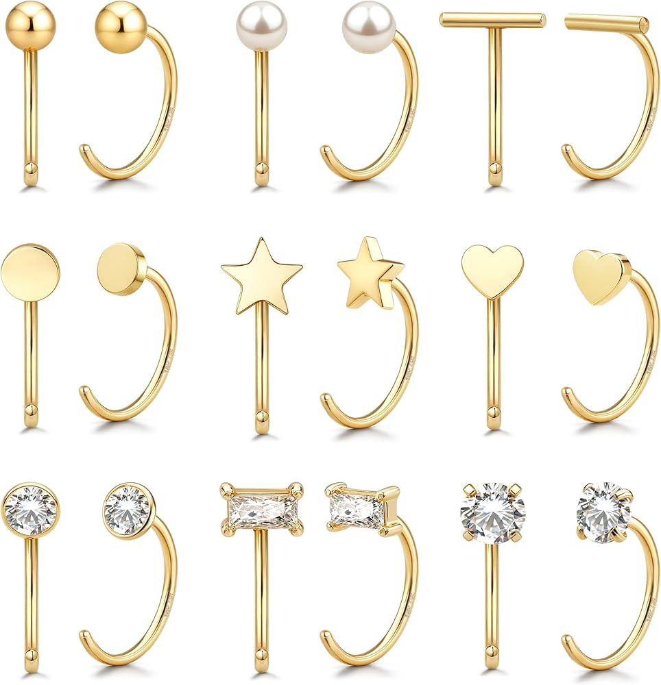 GEMQUEEN 9 Pairs 14K Gold Stay Close Hoop Huggie Half Hoop Earrings Cartilage Helix Open Hugging ... | Amazon (US)