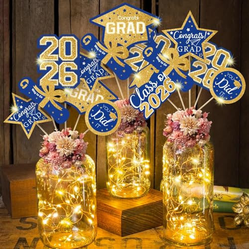 OuMuaMua Graduation Decorations Class of 2026-30pcs Blue and Gold Graduation Table Centerpieces Sticks Table Toppers with Lights for College High School Congrats Grad Party Supplies | Amazon (US)