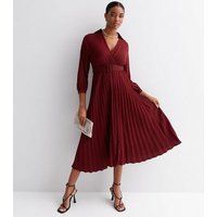 Cameo Rose Burgundy Satin Collared Pleated Belted Midi Wrap Dress New Look | New Look (UK)