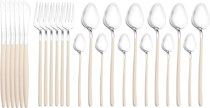 JASHII 24-Piece Flatware Set for 6, Matte Beige and Silver Silverware, Include Knifes, Forks, Spo... | Amazon (US)