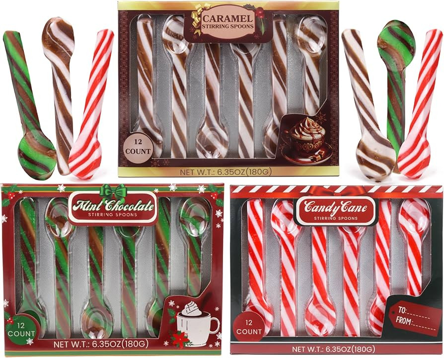 Christmas Candy Spoons Assortment, Peppermint, Caramel, and Mint Chocolate Flavored Stirrers, Hot... | Amazon (US)