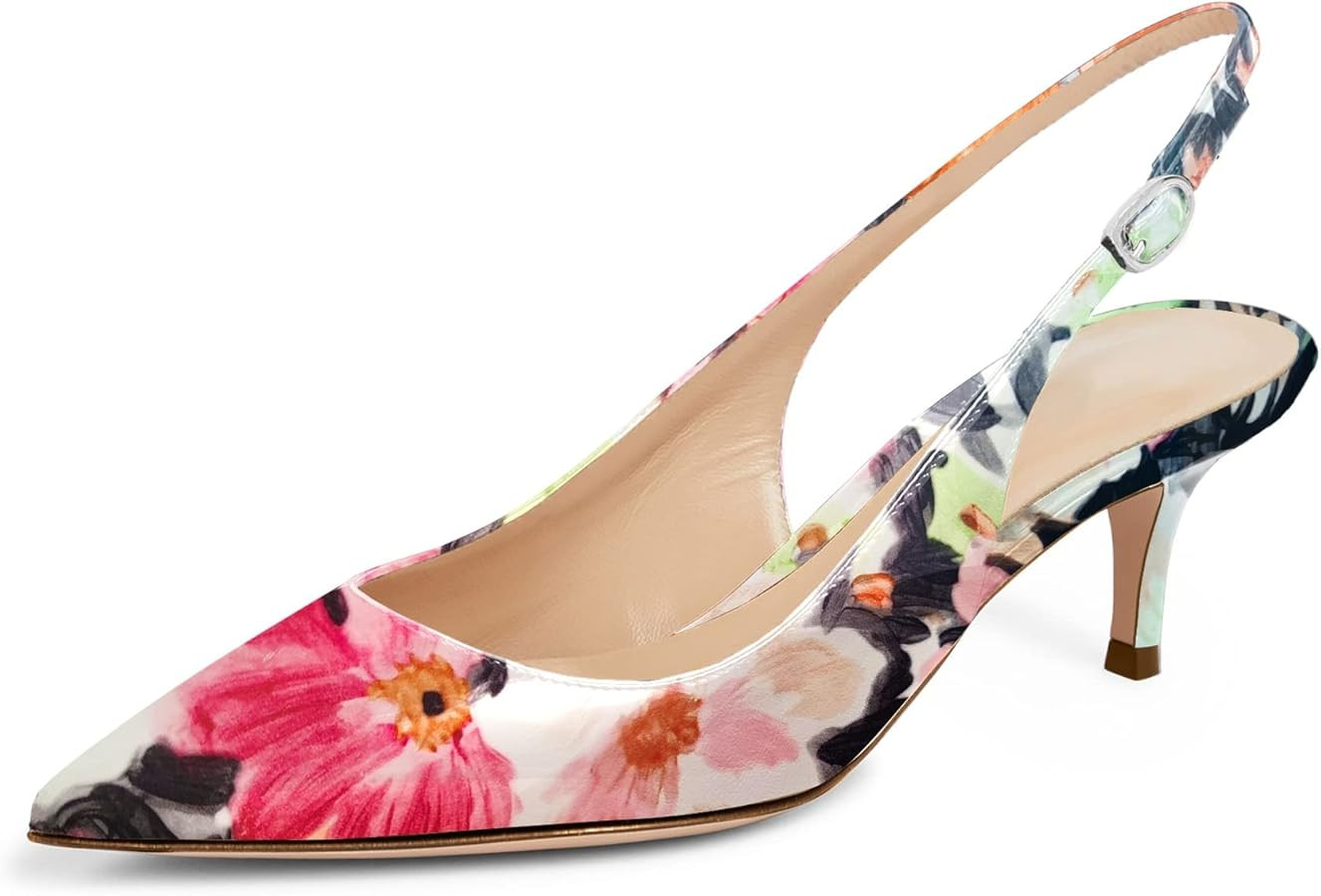 Women's 2 Inch Cut Out Pointed Toe Buckle Strap Slingback Floral Pattern Printed Patent Leather K... | Amazon (US)