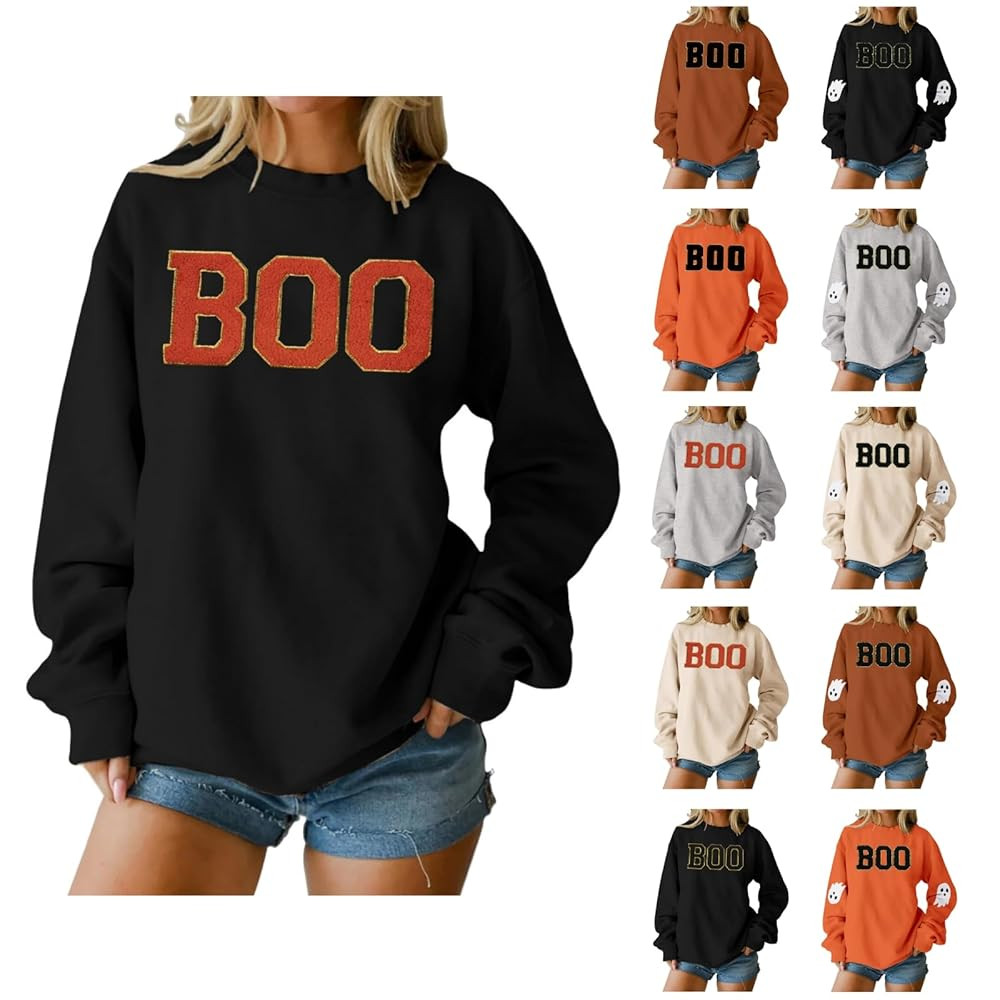 Halloween Sweatshirts for Women 2025 Boo Graphic Chenille Embroidered Tops Ghost Spooky Season Sw... | Amazon (US)