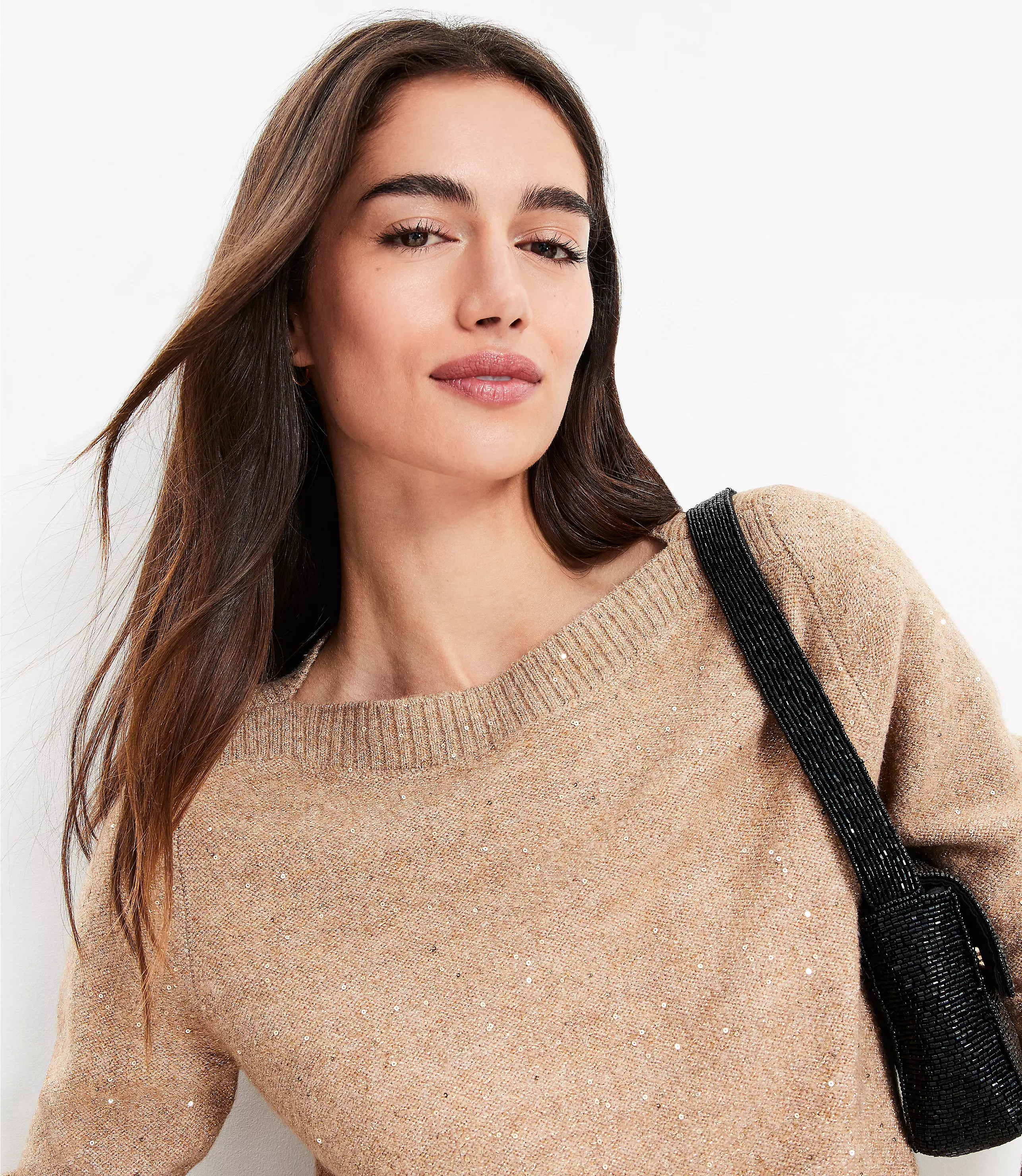 Sequin Boatneck Ribtrim Flare Sleeve Sweater | LOFT