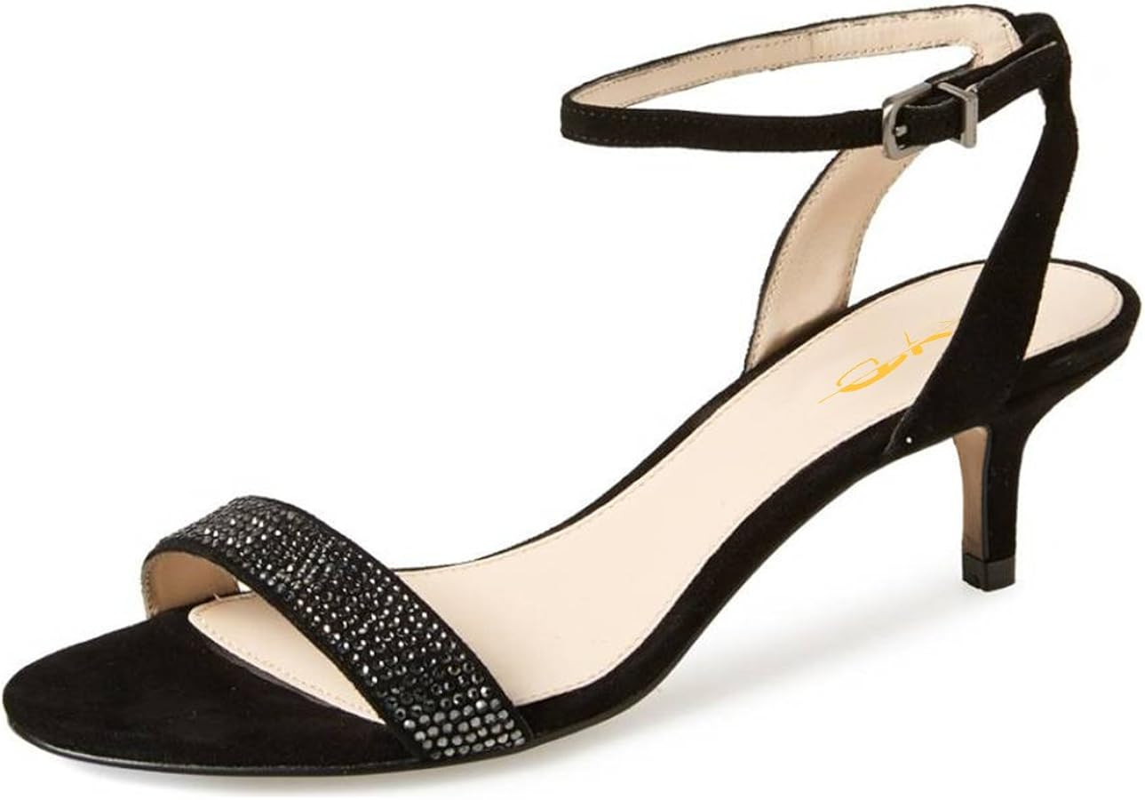 XYD Women Open Toe Ankle Strap Sandals Shoes Kitten Heel Rhinestones Studded Buckle Dance Casual ... | Amazon (US)
