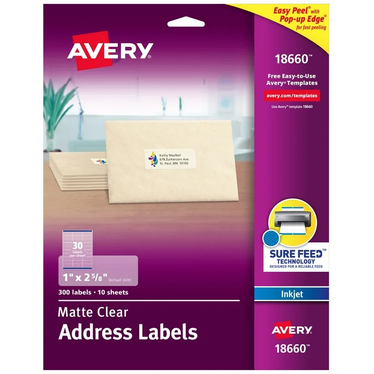 Avery Address Labels, Sure Feed, 1" x 2-5/8", 300 Clear Labels (18660) | Walmart (US)