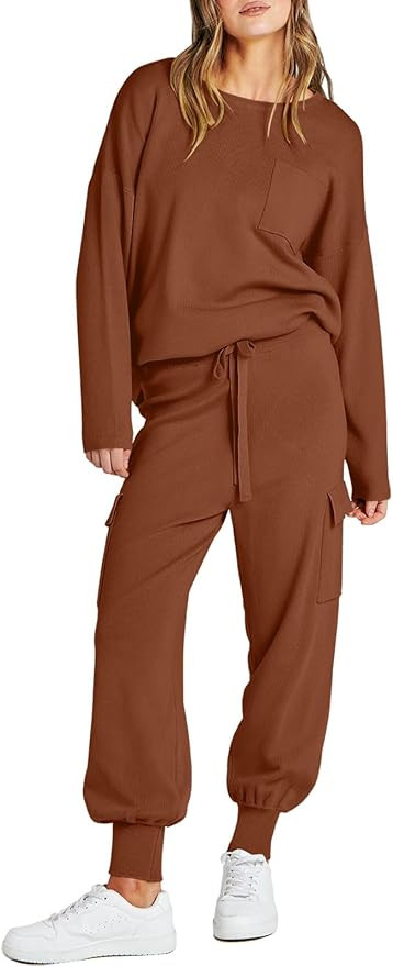 Caracilia Women's Two Piece Outfits Sweater Sets Long Sleeve Knit Pullover Tops and Cargo Jogger ... | Amazon (US)