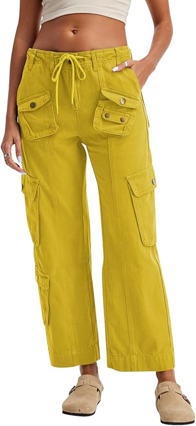 Cargo Pants for Women Low Rise Drawstring Waist 7 Pockets Hiking Work Wide Leg Pants with Zipper ... | Amazon (US)
