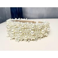 Pearl Headband Wide Beaded Headbands Women Crown Hair Band Accessories Party Gift | Etsy (US)