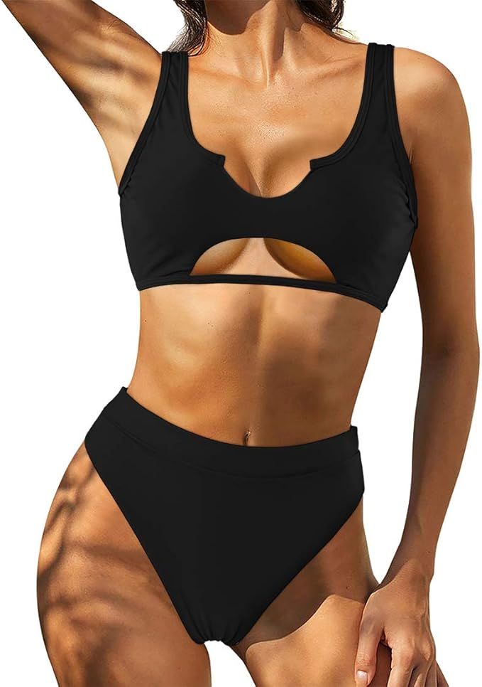 RUUHEE Women Cutout Cheeky High Waisted Tie Dye Sporty 2 Piece Bikini | Amazon (US)