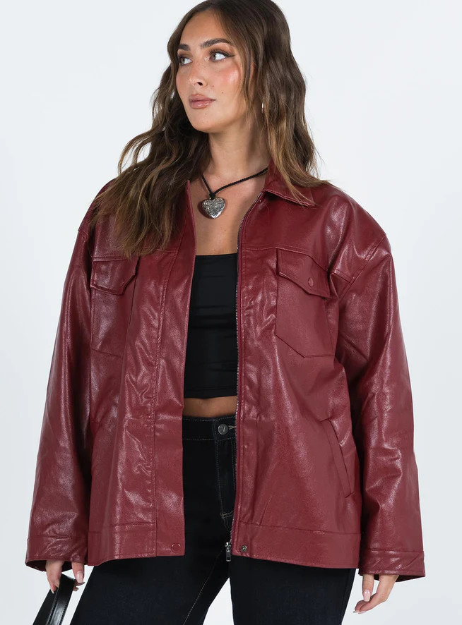 Callie Faux Leather Jacket Burgundy | Princess Polly US