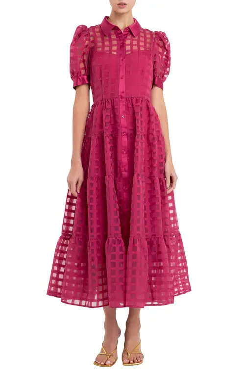 English Factory Grid Pattern Tiered Midi Shirtdress in Bordeaux at Nordstrom, Size Medium | Nordstrom