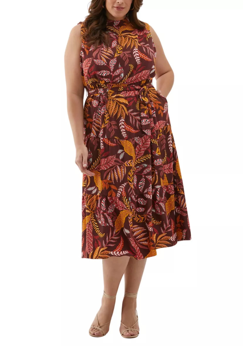 Plus Size Leaf Printed Belted Sleeveless Dress | Belk