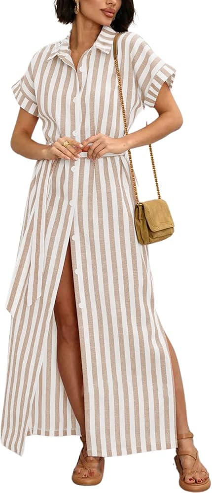 chouyatou Women's Summer Short Sleeve Striped Shirt Dress Beach Maxi Long Belted Casual Button Do... | Amazon (US)