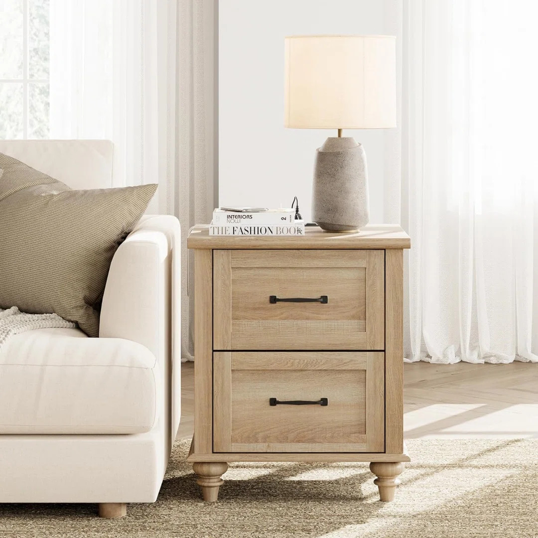 Alcott Hill® Nightstand Side Table With Charging Station, Light Wood End Table With 2 Drawers Fo... | Wayfair North America