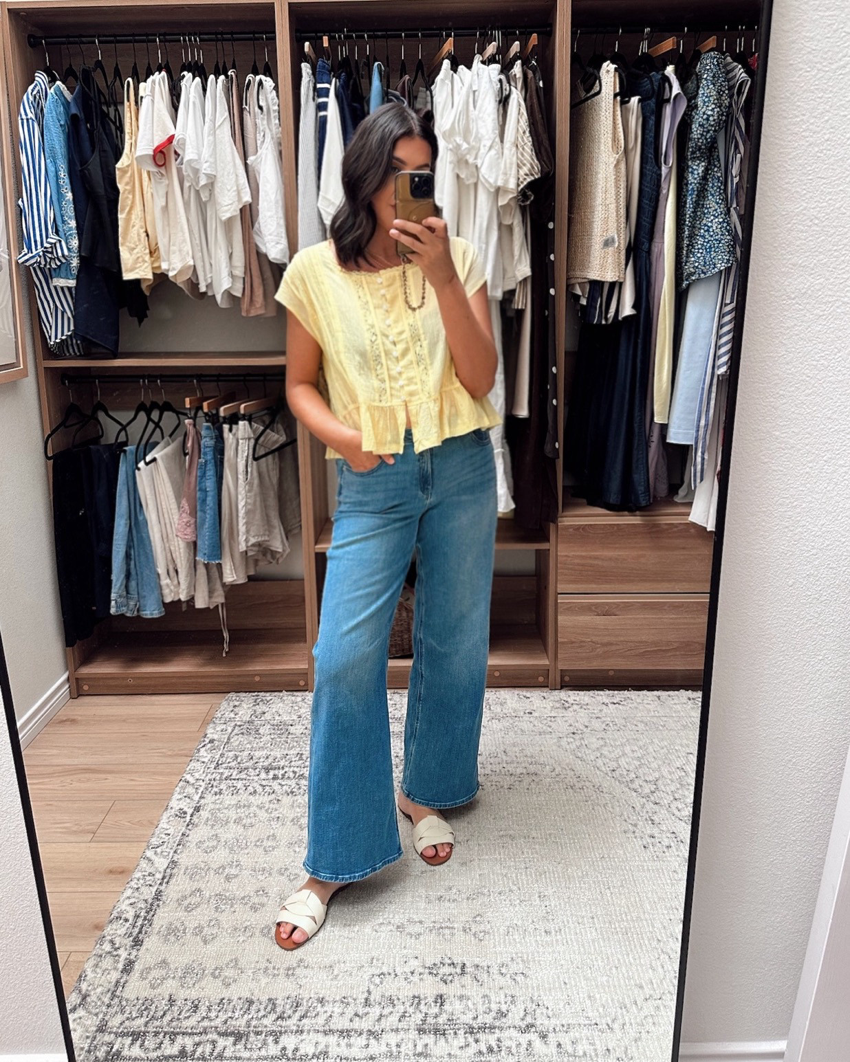 I am such a sucker for a yellow top these days and this one feels very free people. It is slightly sheer (i’m wearing a dark bra, oops!) but with a nude bra it would be just fine. I am in the large and the length is perfect. It’s a loose, boxy fit.

If you don’t love this lemon yellow, there are lots of other hues as well! 

I am in the 30 of the @quince jeans, some of my favorites!  

 