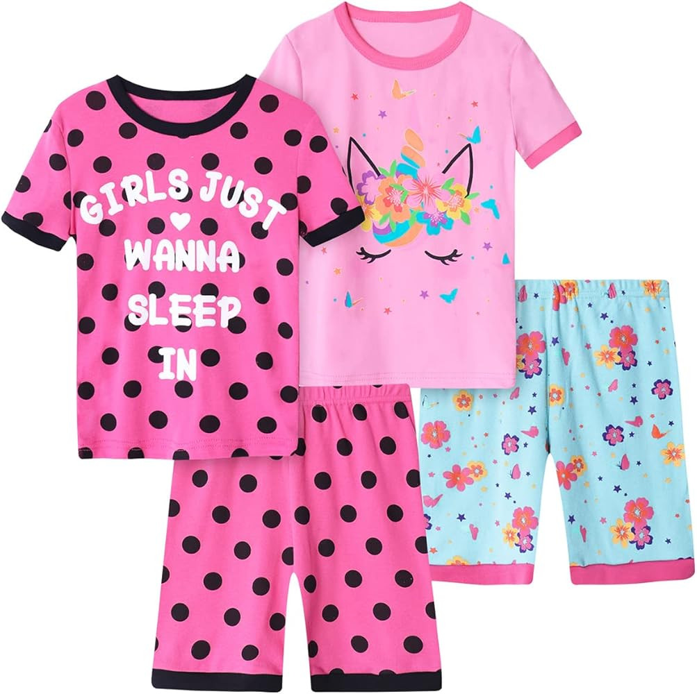 Vopawetty Girls 4-Piece Summer Pajamas Cotton Short Pjs Set Kids Sleepwear | Amazon (US)