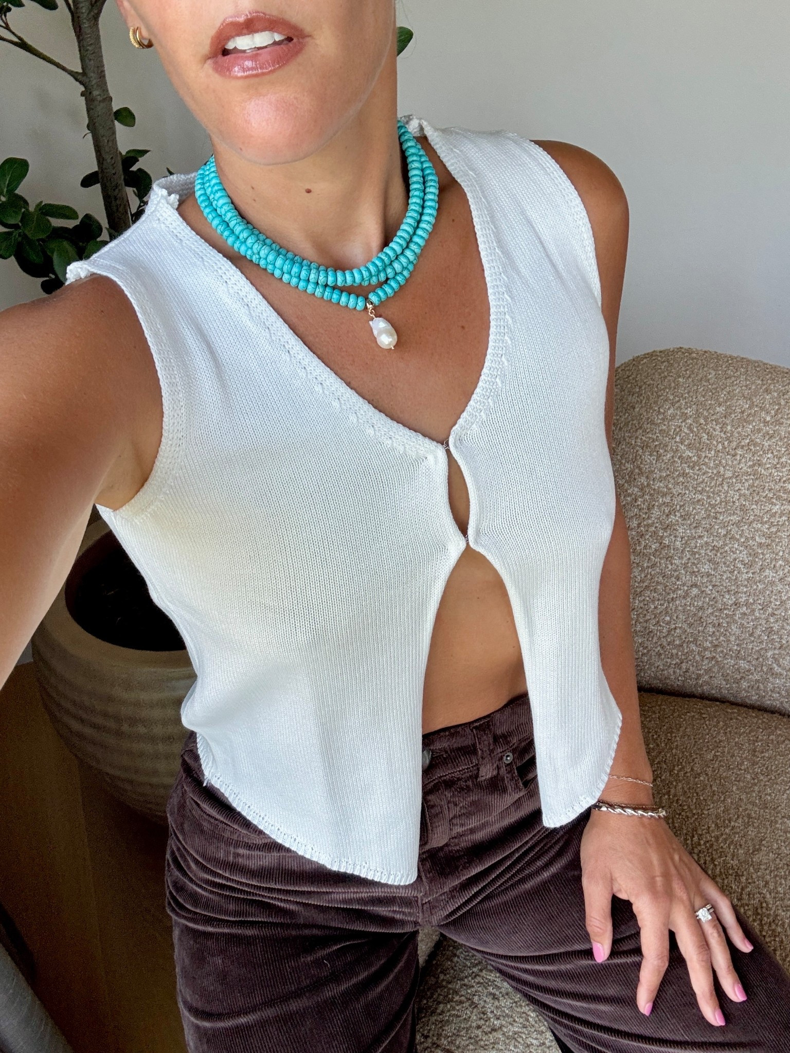 Fall vibes with a touch of summer! Loving these chocolate  corduroy pants with the pop of turquoise. 

#LTKFindsUnder50 #LTKSeasonal #LTKStyleTip