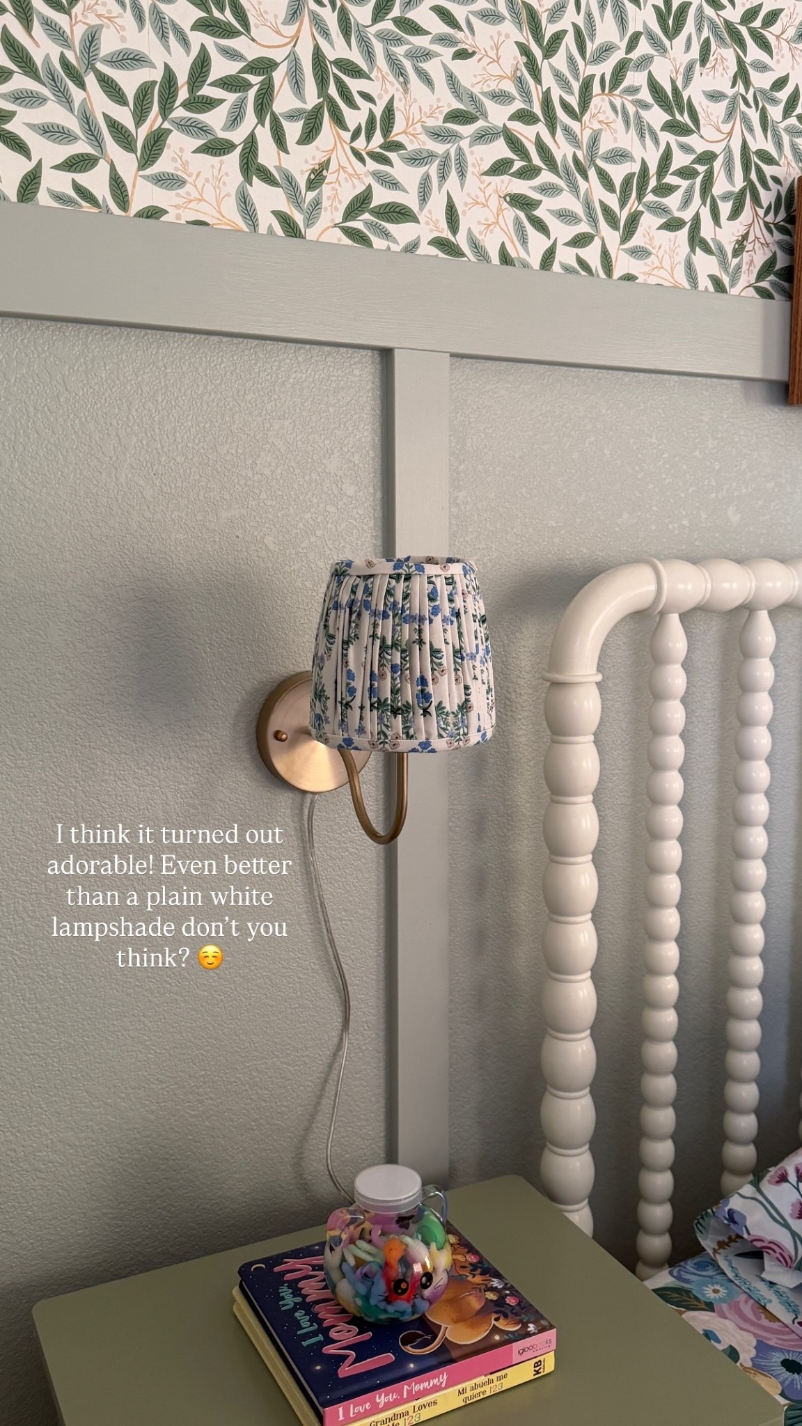 I think it turned out adorable! Even better than a plain white lampshade don’t you think? ☺️ 
I linked the exact plug in lamps I used.