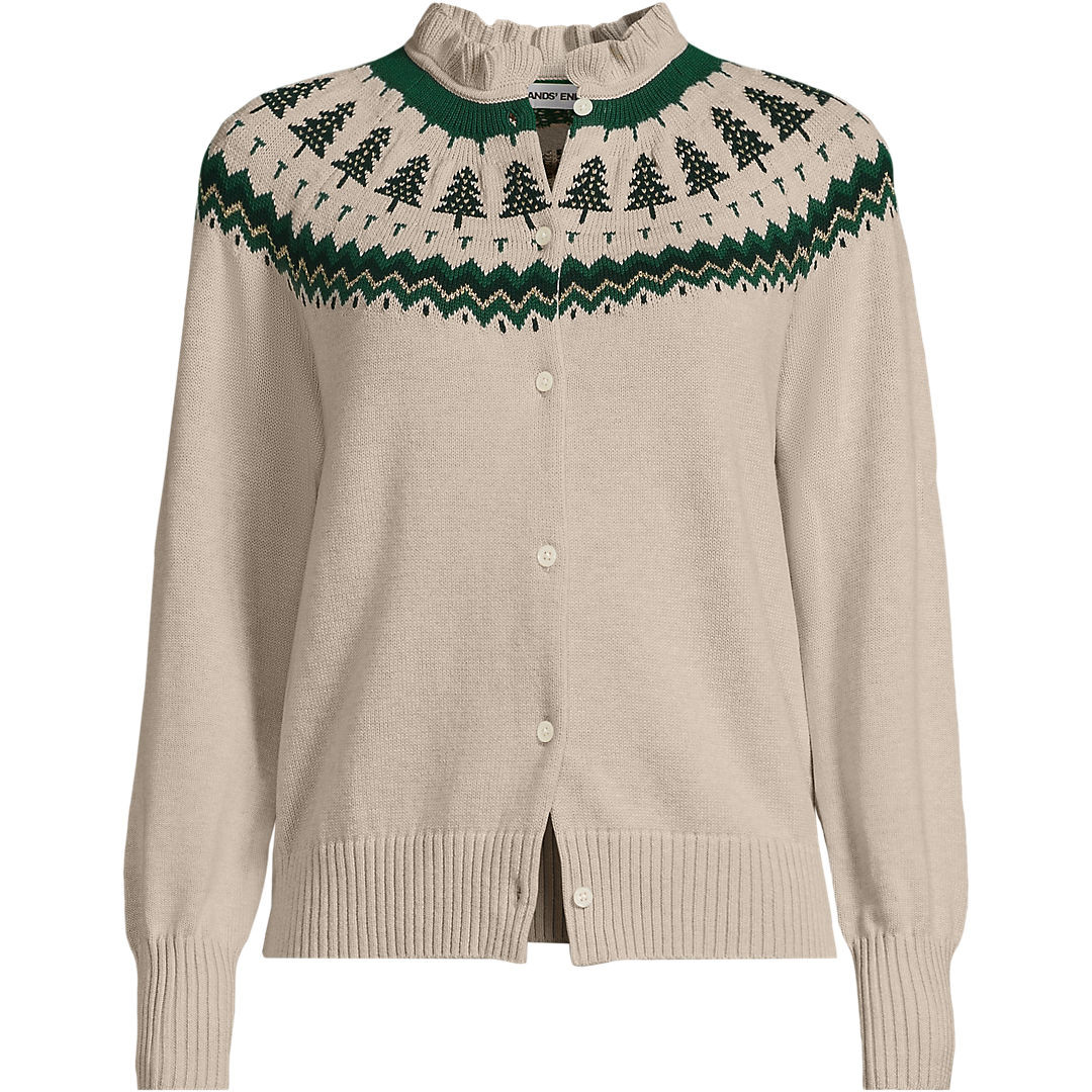 Women's Drifter Lurex Ruffle Neck Jacquard Cardigan Sweater | Lands' End (US)