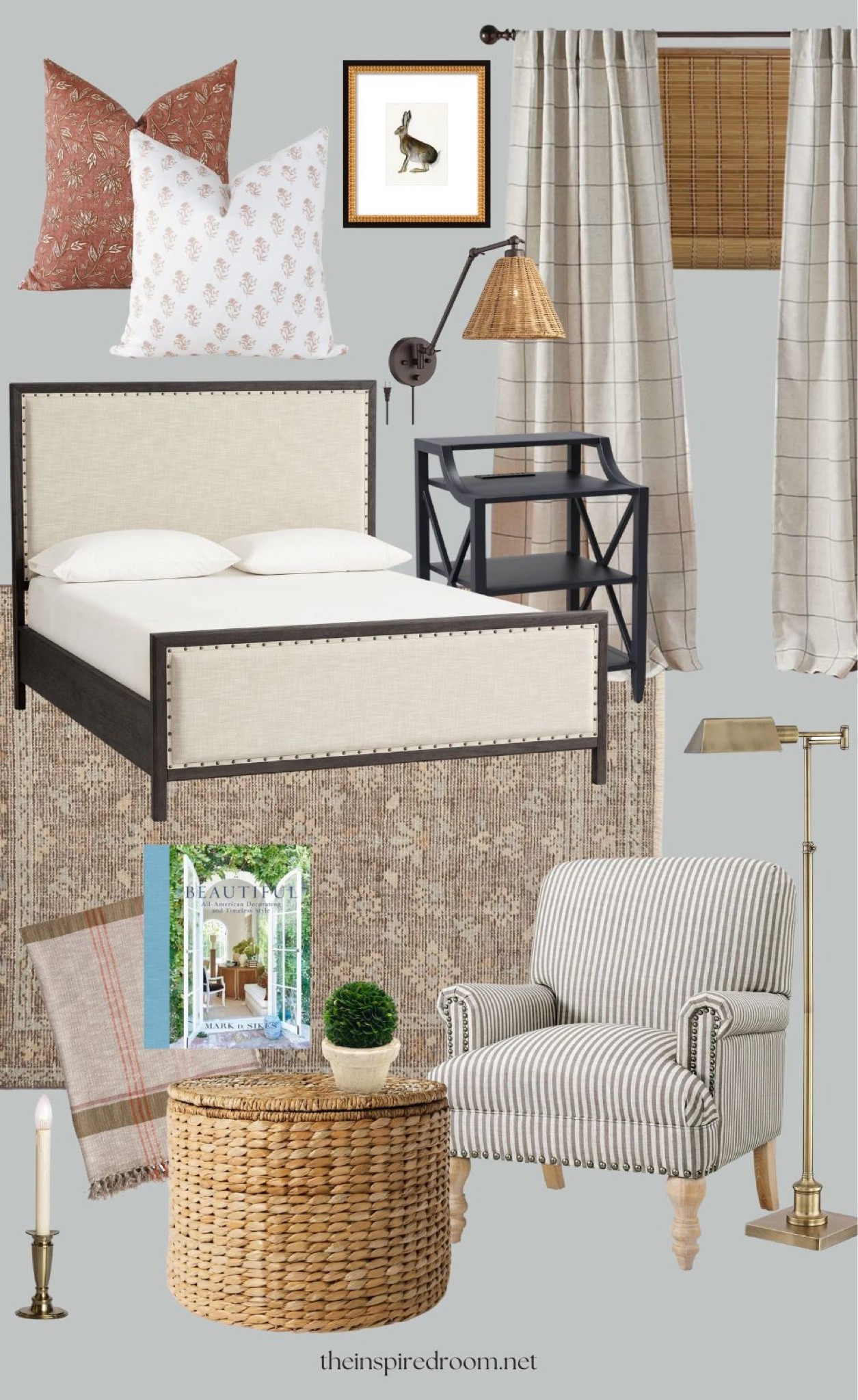 Monday mood board. A cozy neutral bedroom mood board (with a layered mix of subtle patterns, warm textures and a bit of gorgeous color!). 

Terra cotta floral pillow, floral block print pillow cover, upholstered and wood bed with nailhead trim, roll up bamboo wood blind, windowpane plaid curtains, swing arm woven shade wall sconce, rabbit art print, woven storage ottoman, preserved boxwood ball in pot, Persian rug, brass swing and floor lamp, window candles, black nightstand with charging station, upholstered arm chair with ticking strip fabric

#LTKhome #LTKstyletip

#LTKSeasonal