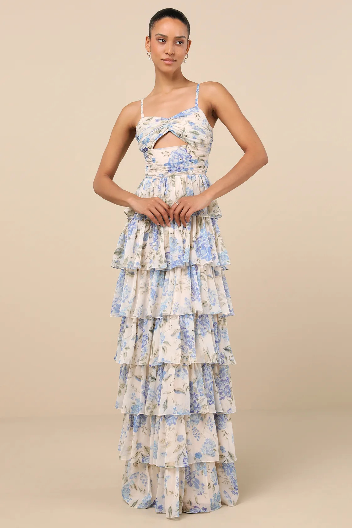Arata Beige and Blue Floral Cutout Tiered Maxi Dress | Lulus