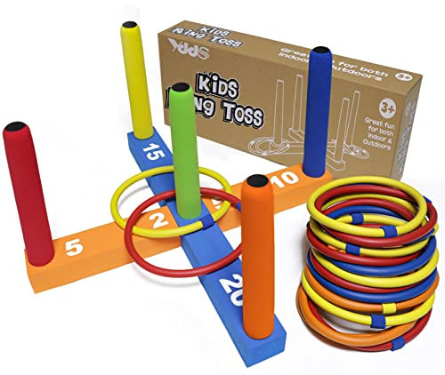 Ring Toss Game for Kids, Indoor & Outdoor Game for Family and Adults with 5 Poles, 2 Bases and 16 Rings in 4 Colors, Soft Foam Toy for Kids Backyard Ring Toss Fun | Amazon (US)