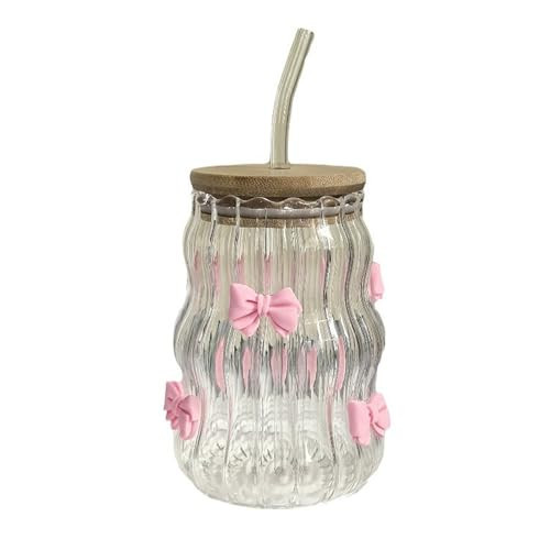 BestAlice Glass Cups With Lids and Straws, Vintage Ribbed Glassware with Bows or Rose, Pink Bow Rose Glass Tumbler, 450ml Cute Glasses Drinking Set for Iced Coffee Juice | Amazon (US)