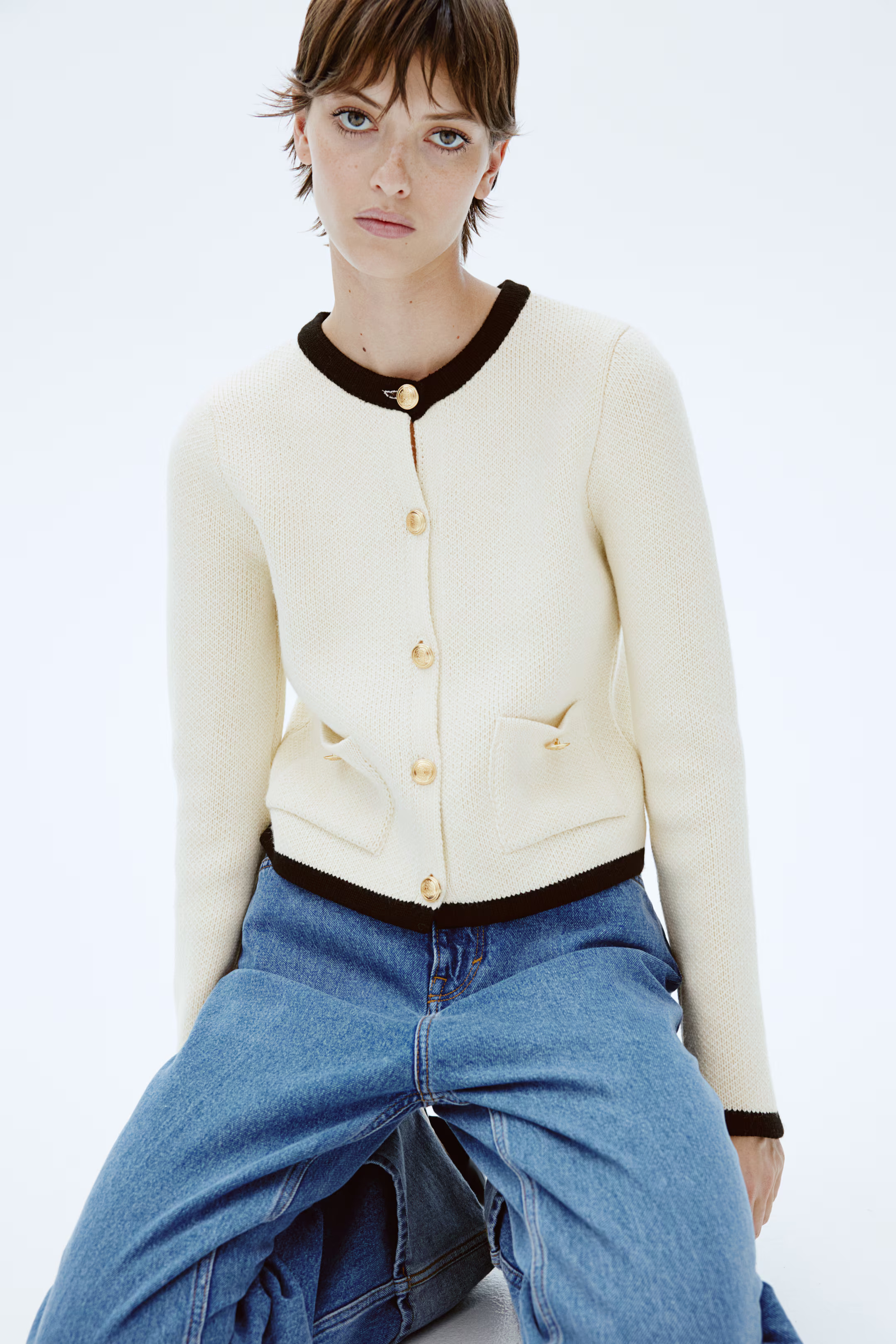 Pocket-detail cardigan - Cream/Black - Ladies | H&M GB | H&M (UK, MY, IN, SG, PH, TW, HK)