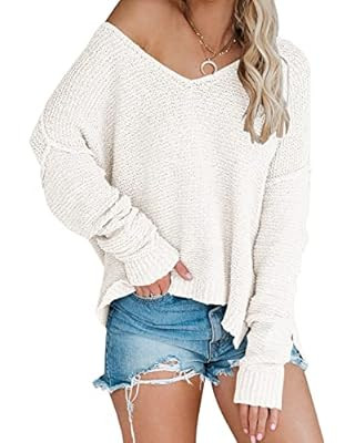 Adreamly Women's V Neck Long Sleeve Waffle Knit Top Off Shoulder Oversized Pullover Sweater | Amazon (US)