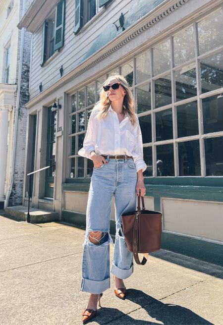 White linen shirt, Citizens of Humanity Ayla baggy jeans, ripped jeans, slingback pumps, classic summer style, style over 40

#LTKShoeCrush #LTKOver40 #LTKFindsUnder50
