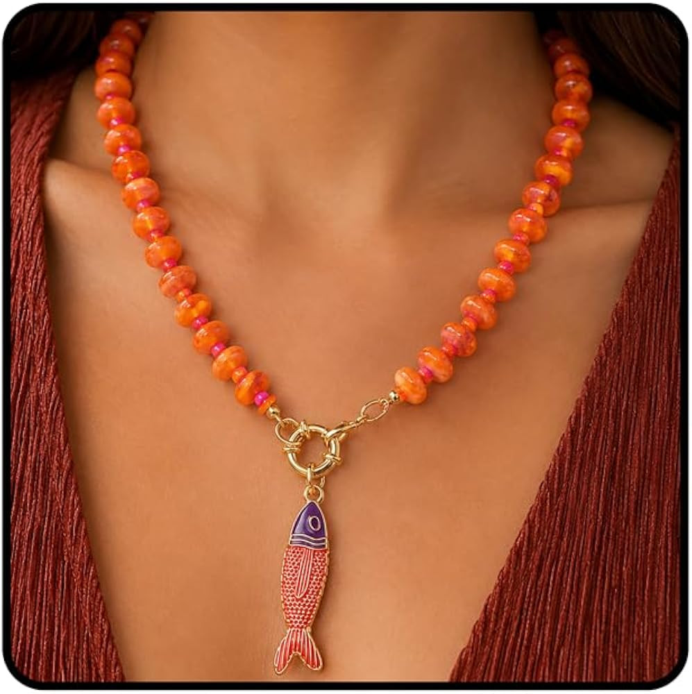 Chunky Acrylic Beaded Fish Pendant Necklace for Women, Boho Big Disc Resin Bead Chain Colorful En... | Amazon (US)