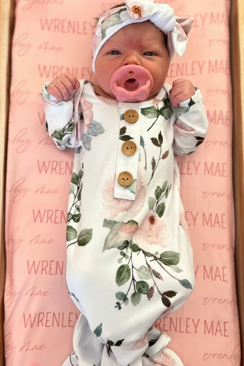 Millie's Dusty Rose Garden Newborn Baby Knot Gown & Hat Set | Caden Lane