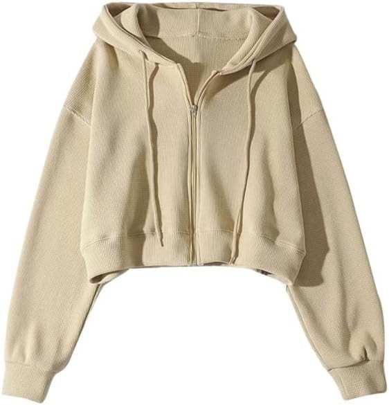 Yimoon Womens Waffle Knit Cropped Zip Up Hoodie Vintage Sweatshirt Casual Long Sleeve Hooded Swea... | Amazon (US)