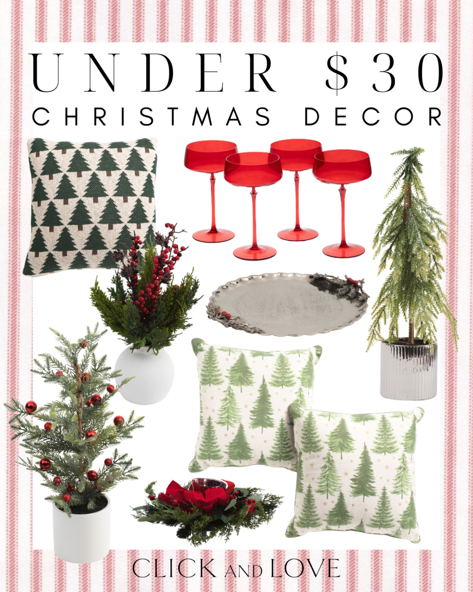 Under $30 Christmas decor finds from TJ Maxx! I especially love these coupe glasses. They also come in a pretty wintergreen color. The pillows are great too for a budget friendly way to add in some holiday spirit!  

Holiday, Christmas, Christmas decor, holiday decor, seasonal decor, budget friendly home decor, tree with berries, mini Christmas tree with ornaments, Christmas tree pillow, pillow covers, candle holder, tablescape, table decor, Christmas table, berry centerpiece, holly decor, holiday essentials, holiday must haves, serving tray, Christmas tree decor

#LTKHoliday #LTKFindsUnder50 #LTKHome
