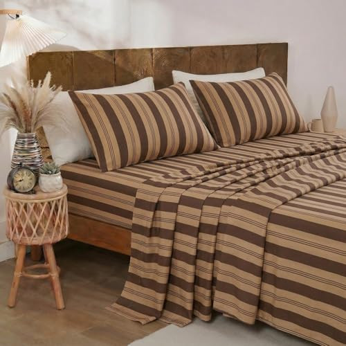 Merryword 100% Cotton Sheet Set King Size - Brown Striped Bedding, Soft Breathable Percale Weave, Deep Pocket Fitted Sheet 17.5", Luxury & Silky Soft Sheet Set for All Seasons | Amazon (US)