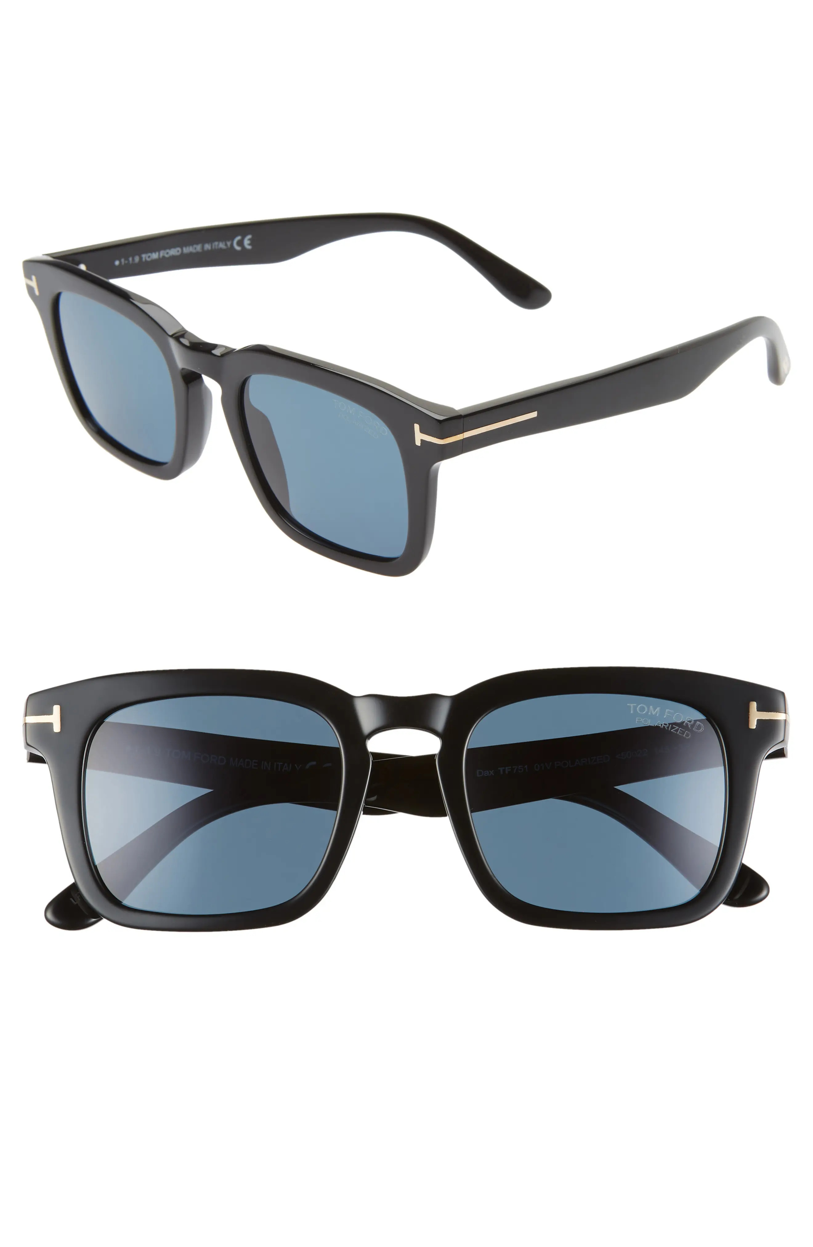 Men's Tom Ford Dax 50mm Polarized Square Sunglasses - Shiny Black/ Blue | Nordstrom