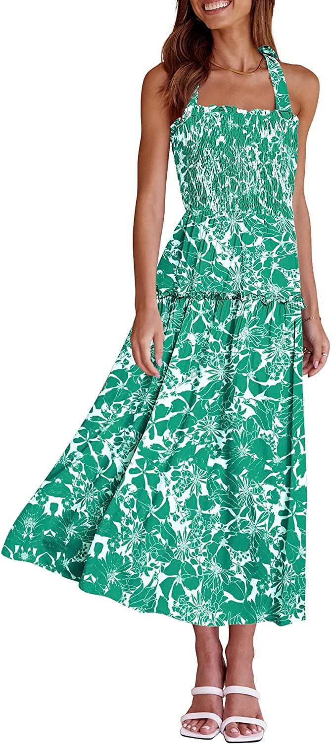 PRETTYGARDEN Women's 2023 Summer Maxi Dress Halter Neck Backless Ruffle Smocked Casual Long Flowy Bo | Amazon (US)