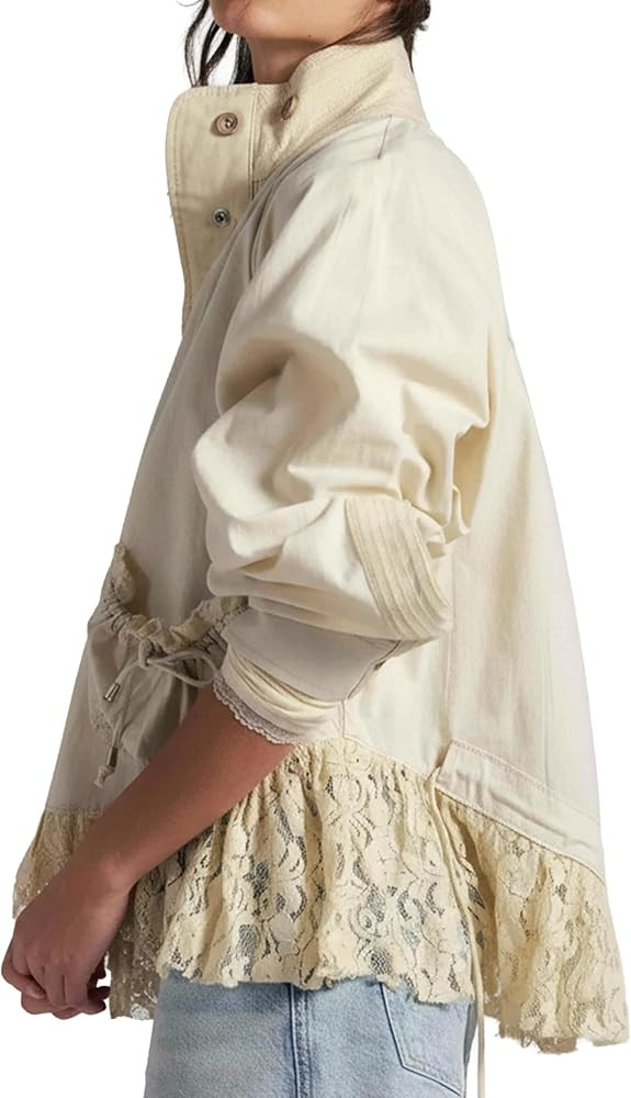 Womens Lace Trim Utility Jacket Lightweight Relaxed Casual Coat with Snap Closure for Summer Spri... | Amazon (US)