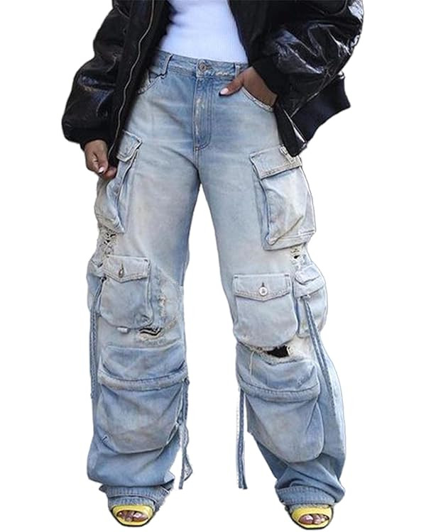 Cargo Jeans for Women Y2K High Waisted Baggy Jeans Straight Wide Leg Cargo Pants Streetwear | Amazon (US)
