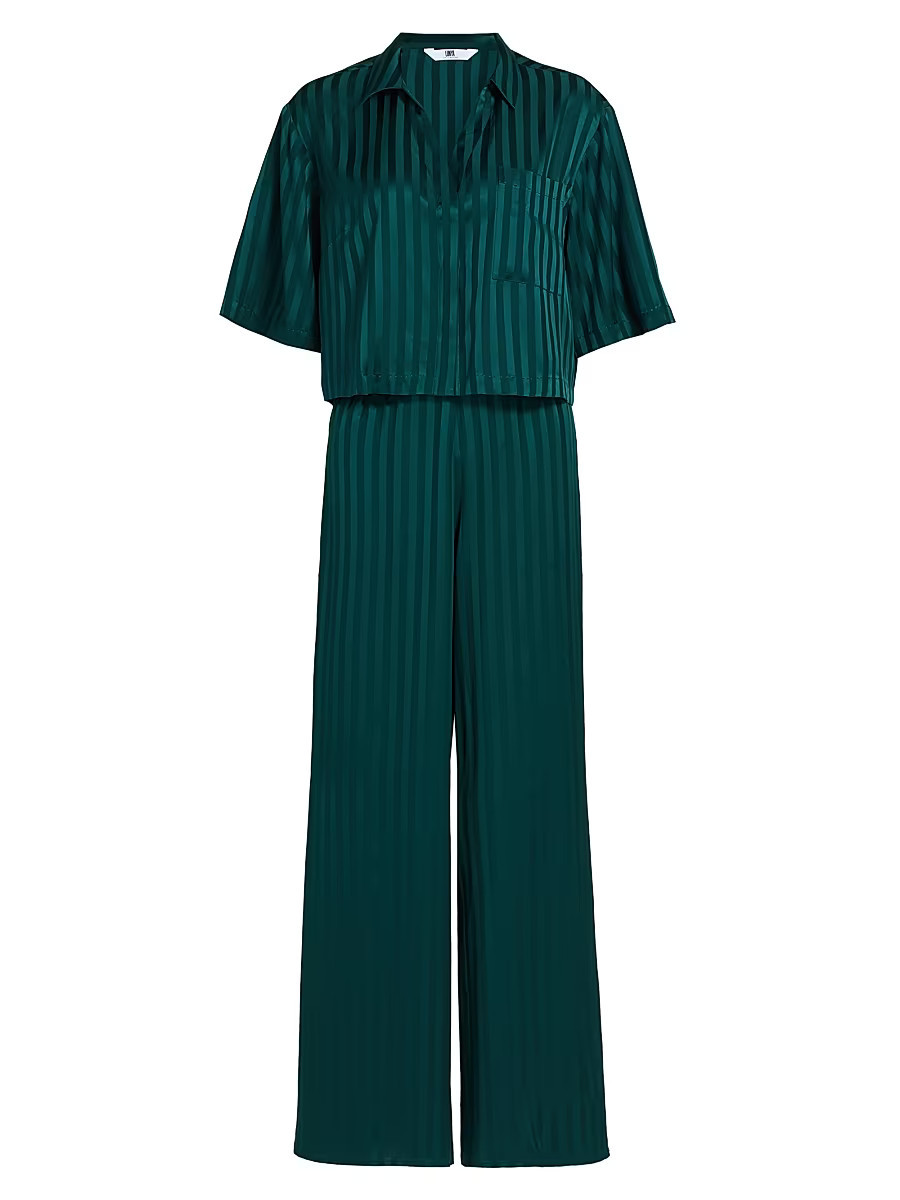 Women's Washable Silk Striped Jacquard High-Rise Pajamas - Dusky Cypress Jacquard - Size Small | Saks Fifth Avenue