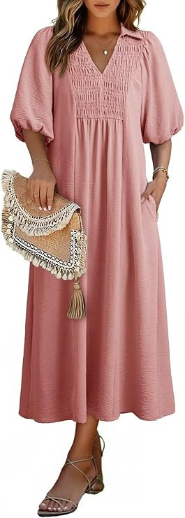 Dokotoo Summer Dresses for Women 2026 Casual Dresses V Neck Puff Sleeve Empire Waist A-Line Maxi ... | Amazon (US)
