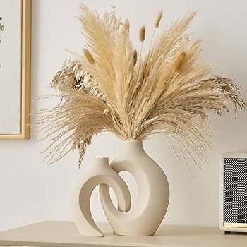 White Ceramic Vase Set of 2 for Modern Home Decor, Round Boho Donut Vase for Pampas Grass, Neutra... | Amazon (US)