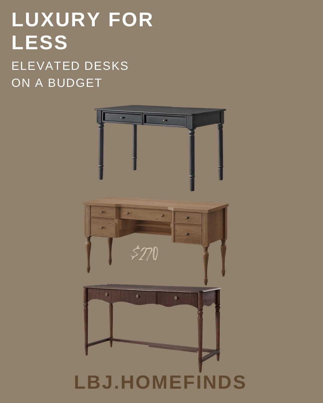 Luxury Desks for Less 🤎 Elevated Office Finds on a Budget

If you’re creating a beautiful home office without spending designer prices, these desks give you that high-end look for less.

These styles are perfect for neutral home offices, cozy workspaces, and modern classic interiors.

Featured finds:
• Classic black writing desk
• Warm wood executive desk with drawers
• Vintage-inspired dark wood desk with detailed legs

These pieces instantly elevate your home office, study space, or workspace nook while keeping the design timeless and sophisticated.

All of these affordable desk finds are linked in my LTK storefront.

#homeofficefinds #deskdecor #luxuryforless #homeofficeideas #neutralhome #affordabledecor #homefinds #ltkhom