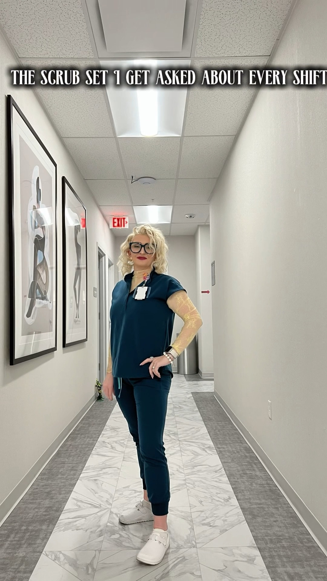 this scrub set is one of my current favorites
super flattering fit and feels more like activewear than scrubs

i layered it with a lace long sleeve to elevate the look a little
perfect for long shifts but still cute and put together

linked my exact set + a similar underscrub option