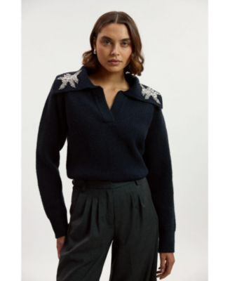 Karen Millen Women's Embellished Collar V Neck Knit Sweater - Navy | Macy's
