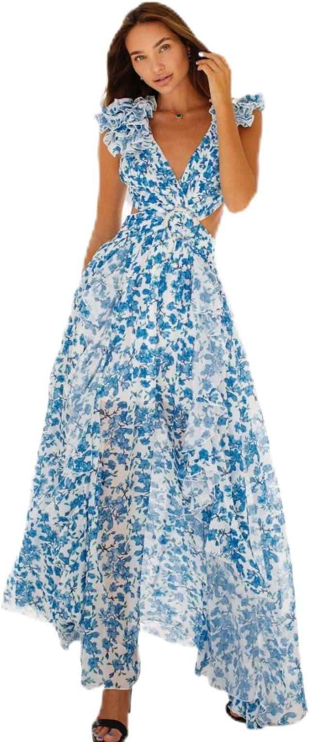 Women's ins Holiday Long Dress Hollow Slim deep V Ruffled Floral Backless Dress, White Dots | Amazon (US)