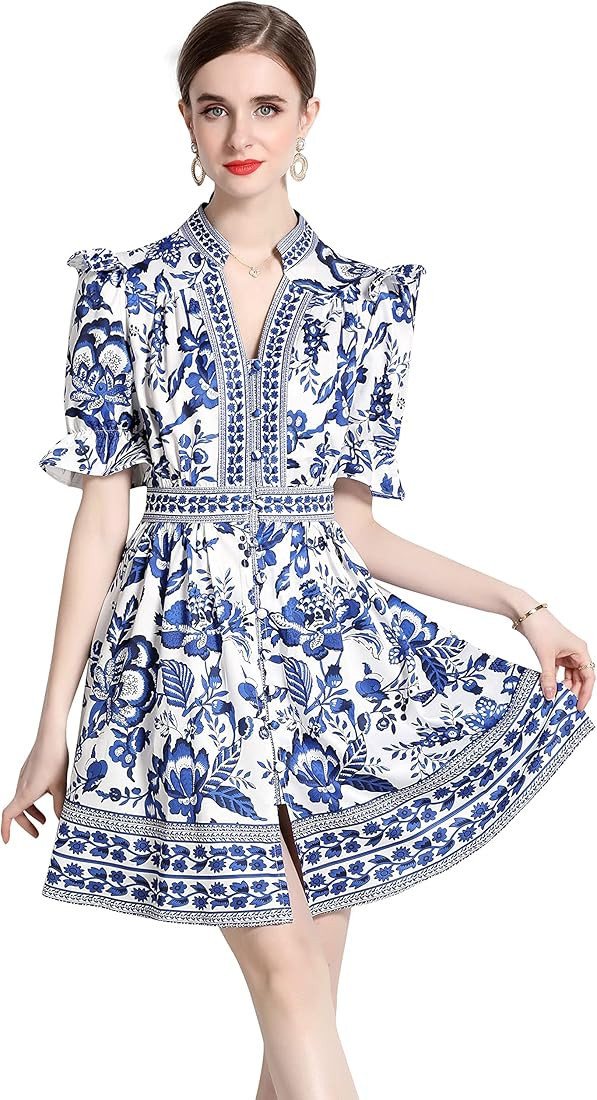 LAI MENG FIVE CATS Women's Summer Puff Sleeve V-Neck Floral Print Casual Swing Mini Dress | Amazon (US)