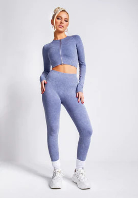 Nyla Blue Acid Wash Seamless Active Sport Leggings | Missy Empire (UK)