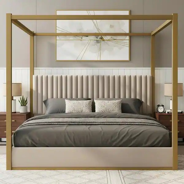 Upholstered Canopy Platform Bed with Velvet Headboard & Metal Frame by Harper&Bright Designs - Be... | Bed Bath & Beyond